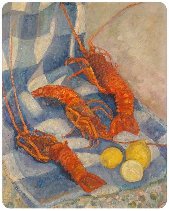 "Lobsters" (Aragoste). Three lobsters and three lemons resting on a checkered cloth. Painting, 1930s, by Pasquarosa Bertoletti Marcelli (1896-1973). AKG2947458 © akg-images / Mondadori Portfolio / Electa "Lobsters" (Aragoste). Three lobsters and three lemons resting on a checkered cloth. Painting, 1930s, by Pasquarosa Bertoletti Marcelli (1896-1973). AKG2947458 © akg-images / Mondadori Portfolio / Electa