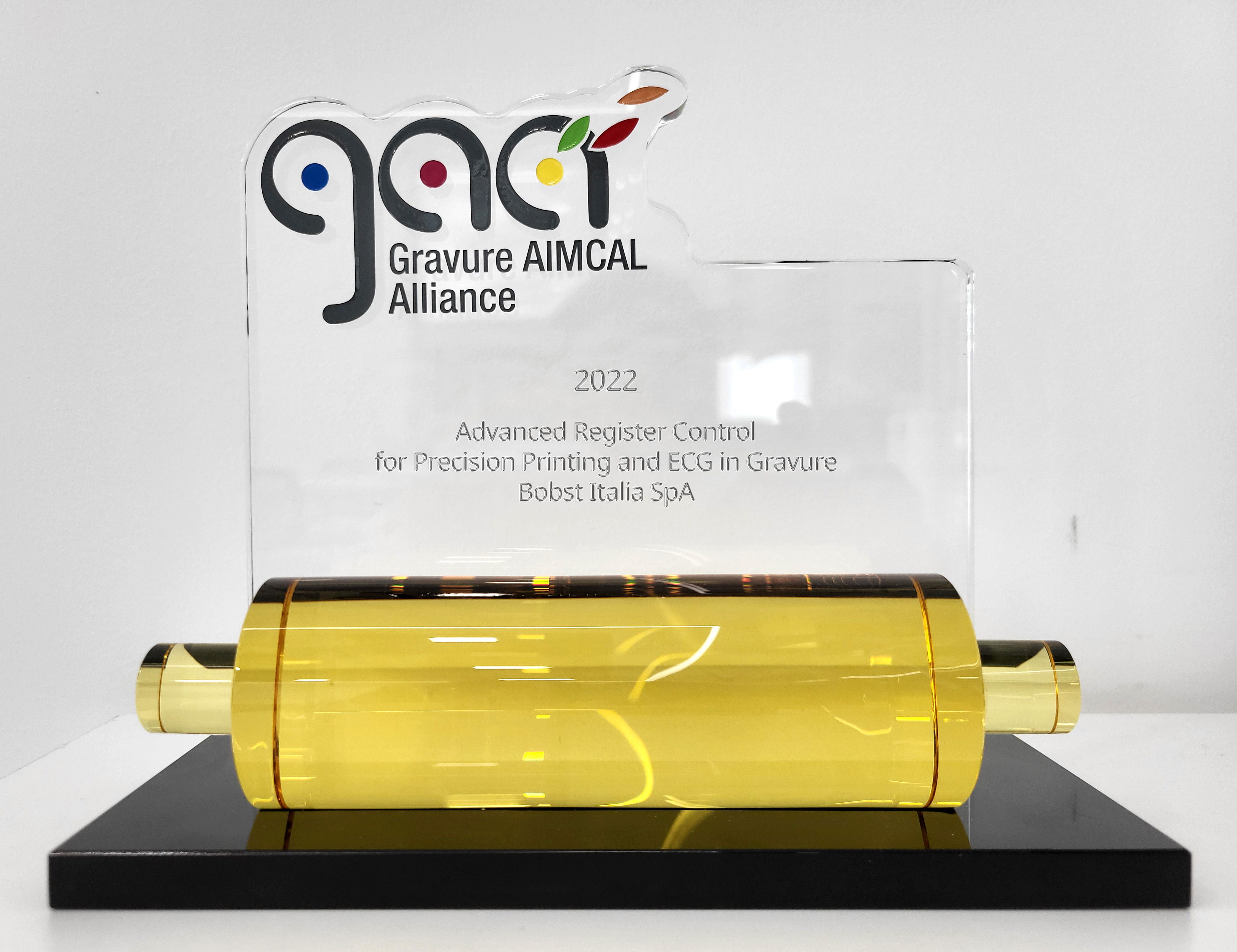 The 2022 Golden Cylinder award by the Gravure AIMCAL Alliance presented to BOBST for its Advanced Register Control for Precision Printing and ECG in Gravure, winner in the Technical Innovation (Press) category.
