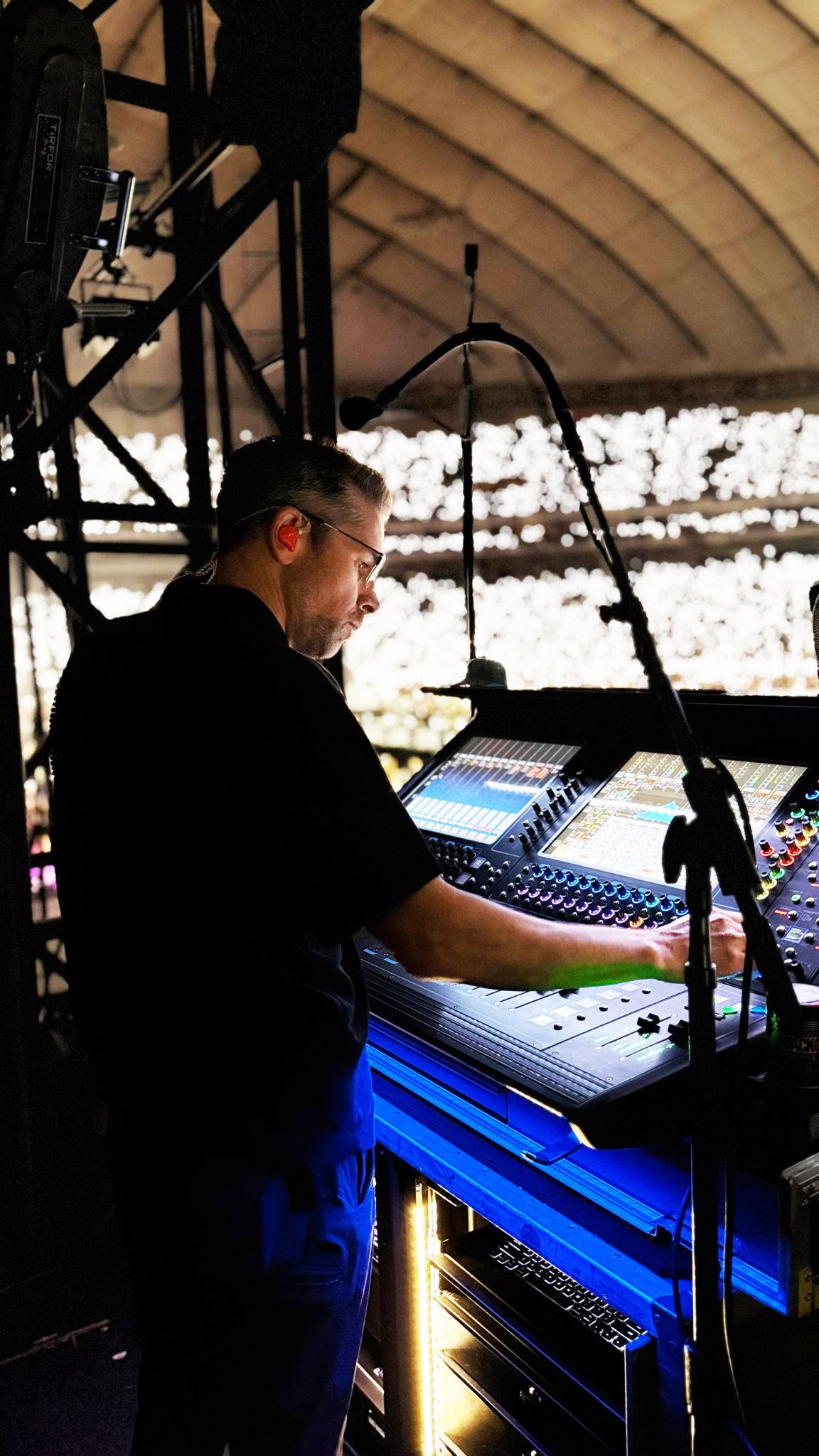 Monitor engineer Dave Rupsch monitoring the mix behind the console during Maroon 5’s 2025 performance at the Tokyo Dome (photo courtesy of Trelawny Rose)