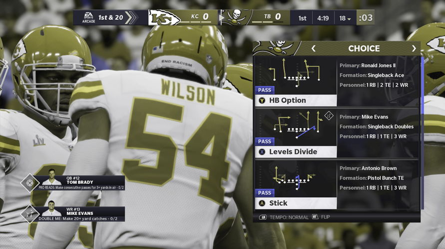 The Tampa Bay play calling screen in Madden NFL 21 simulated as seen by someone with deuteranopia (red-green color blindness). Players who have deuteranopia will find it difficult to distinguish between the different types of routes. 