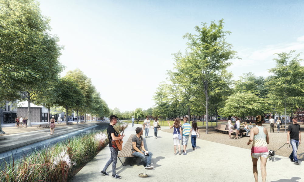 Twee centrale waterbassins beschermen de Zuidwijk tegen overstromingen ©Tractebel – ADR Architects – Georges Descombes