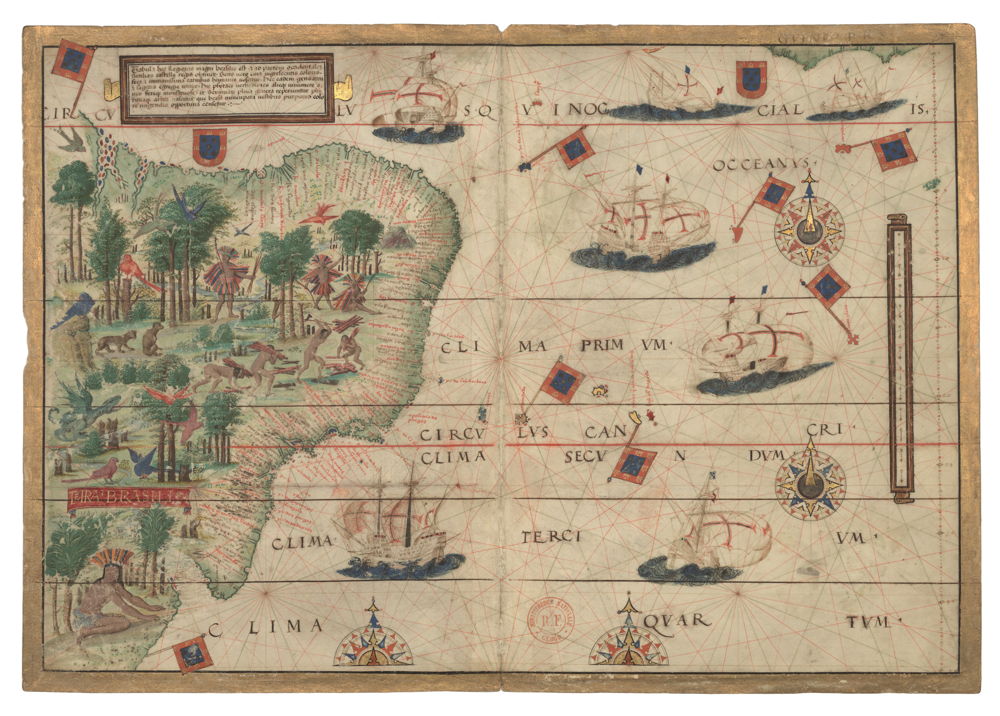 © Carte du Brésil dans :  Atlas de Dauphin, Dieppe, vers 1538. La Haye, Bibliothèque Royale, Bibliothèque nationale des Pays-Bas. 