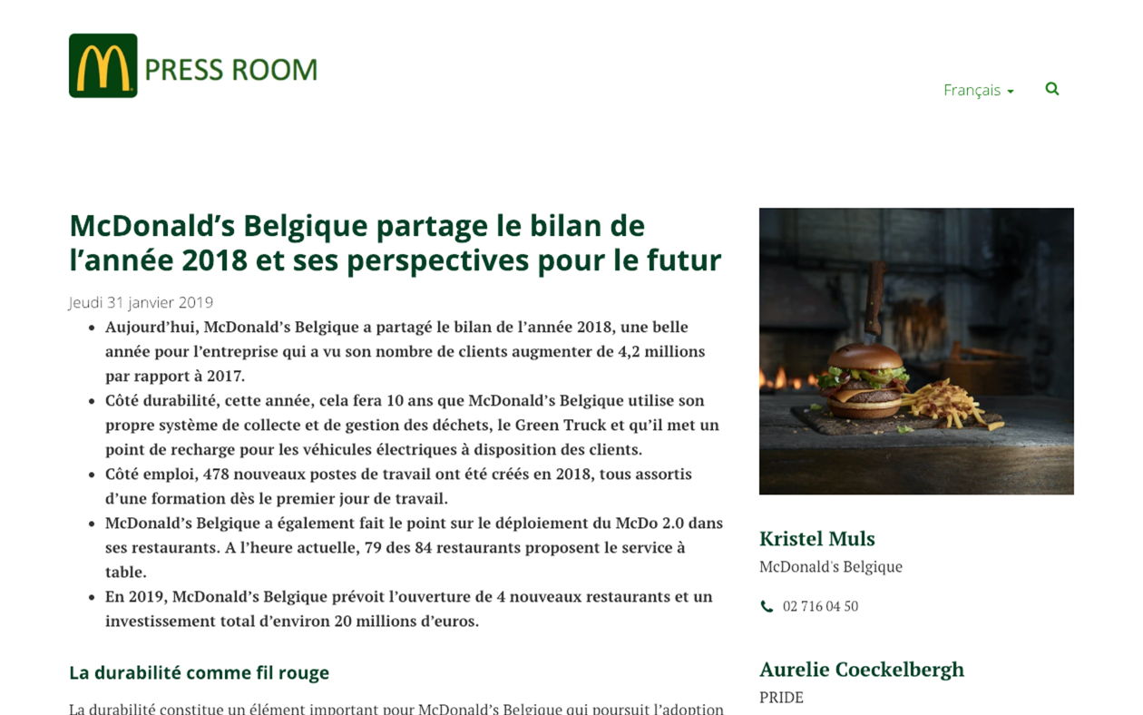 McDonald’s Belgique partage le bilan de l’année 2018 et ses perspectives pour le futur