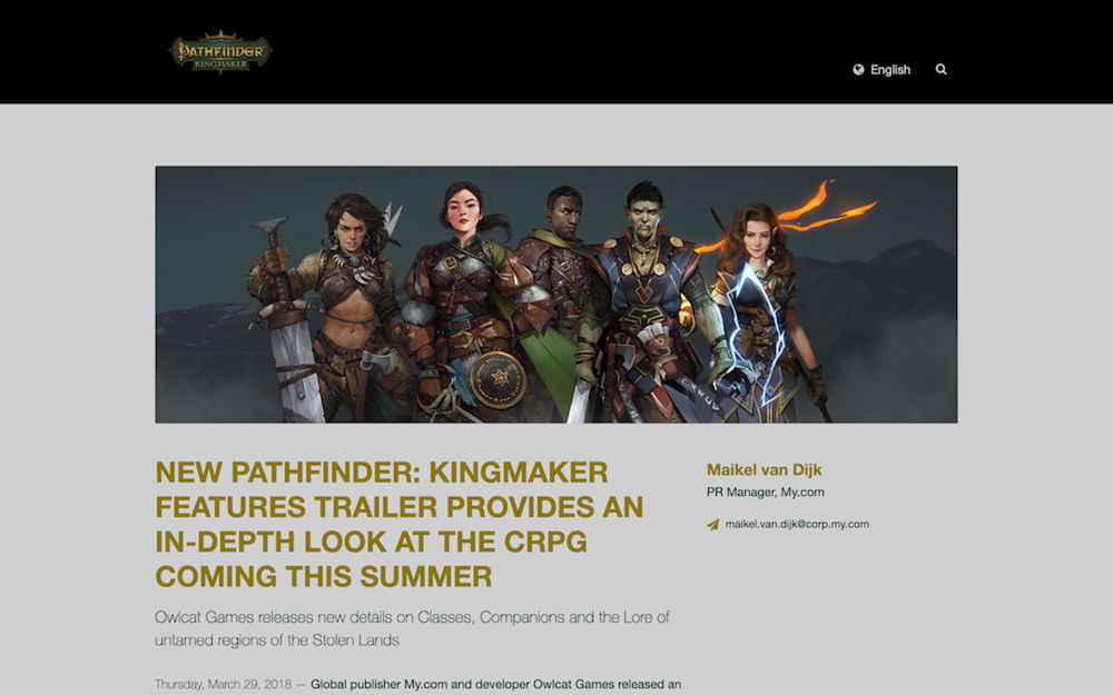MY.GAMES newsroom for Pathfinder Kingmaker
