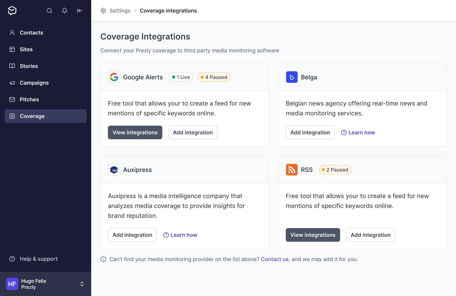 Account settings → Coverage integrations