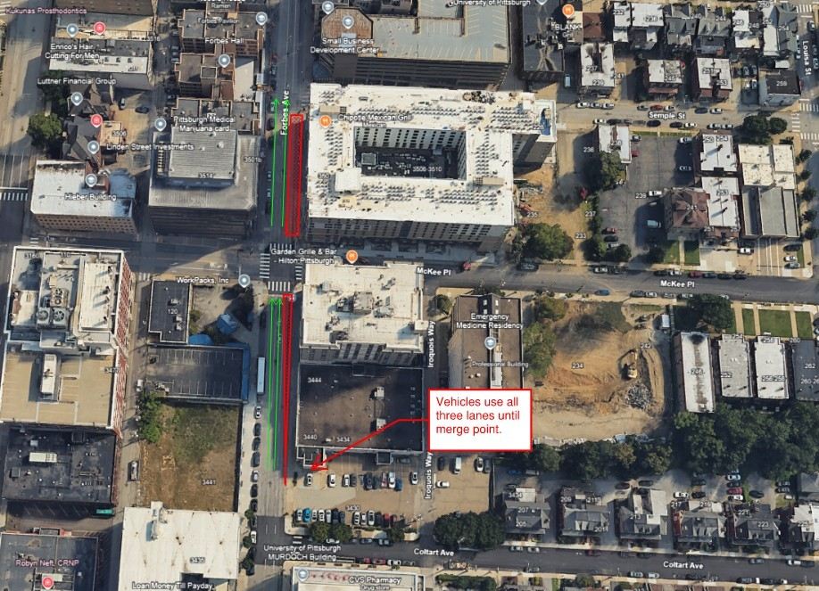 Aerial view of new work zone on Forbes Avenue between McKee Place and Semple Street Aerial view of new work zone on Forbes Avenue between McKee Place and Semple Street