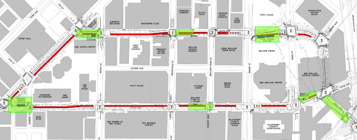 Map of current work areas highlighted in green