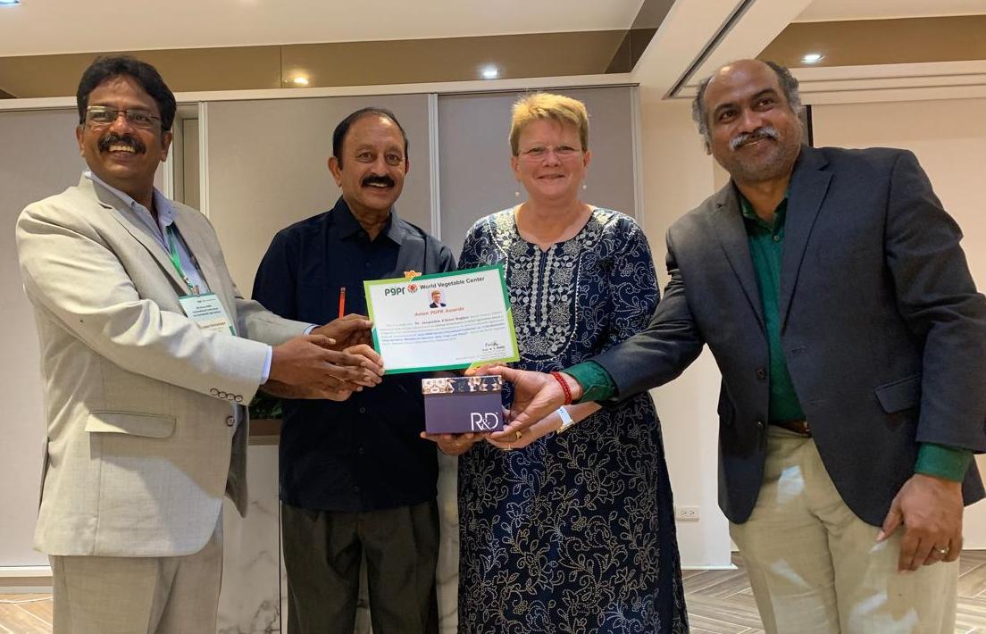 Dr Jacqueline Hughes, Director General of ICRISAT and recipient of the 2024 PGPR Lifetime Achievement Award in Global Agriculture Award (center right); Prof. MS Reddy, Chairman, Asian PGPR Society for Sustainable Agriculture (center left); Dr Devappa, Member of the Karnataka State Public Service Commission & President of India Chapter of the Asian PGPR Society (far right); and Dr Srini Ramasamy, Organizing Secretary of the 8th Asian PGPR International Conference (far left). Dr Jacqueline Hughes, Director General of ICRISAT and recipient of the 2024 PGPR Lifetime Achievement Award in Global Agriculture Award (center right); Prof. MS Reddy, Chairman, Asian PGPR Society for Sustainable Agriculture (center left); Dr Devappa, Member of the Karnataka State Public Service Commission & President of India Chapter of the Asian PGPR Society (far right); and Dr Srini Ramasamy, Organizing Secretary of the 8th Asian PGPR International Conference (far left).