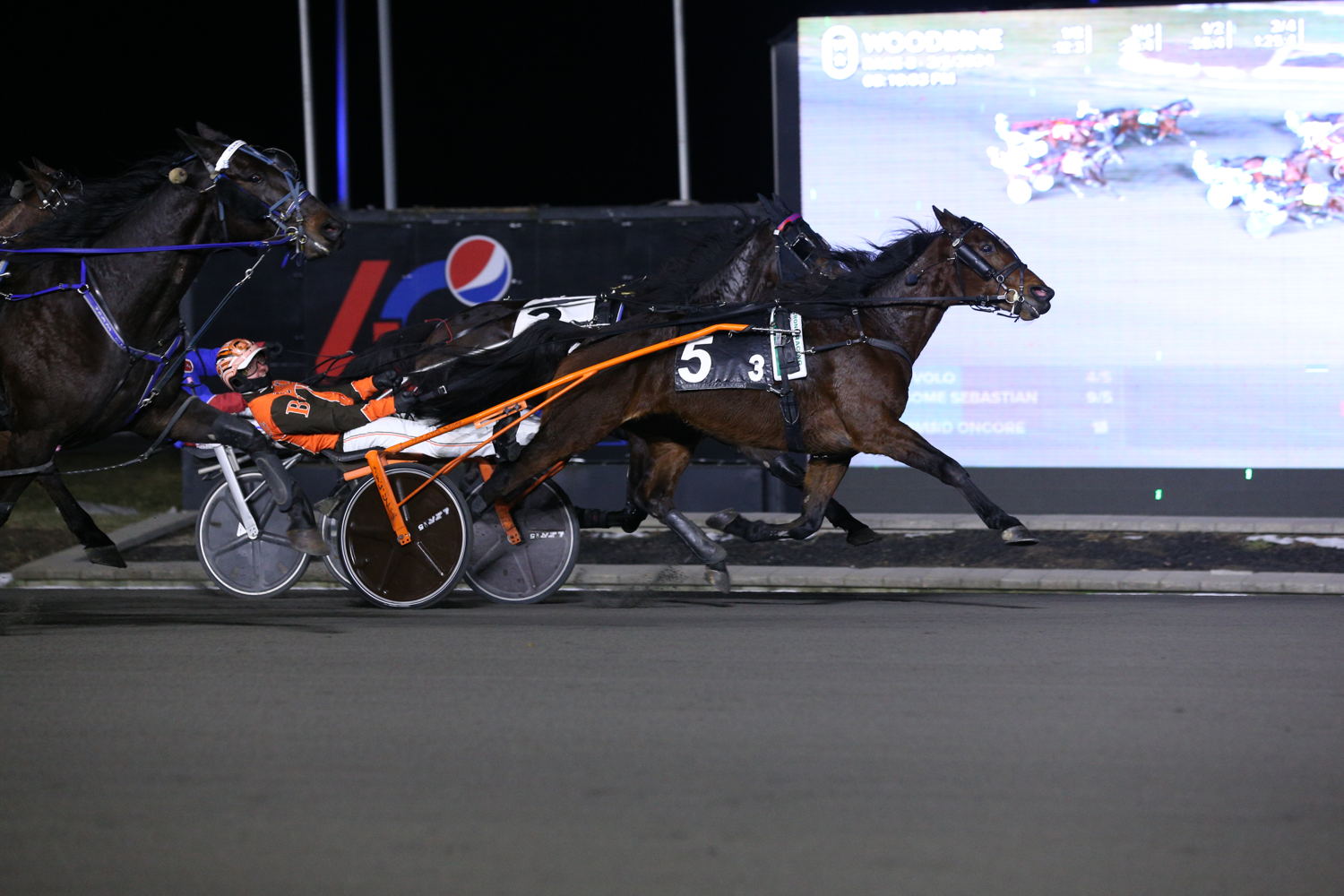Amigo Volo and driver Tyler Borth winning Race 3 on February 5, 2024 at Woodbine Mohawk Park (New Image Media)