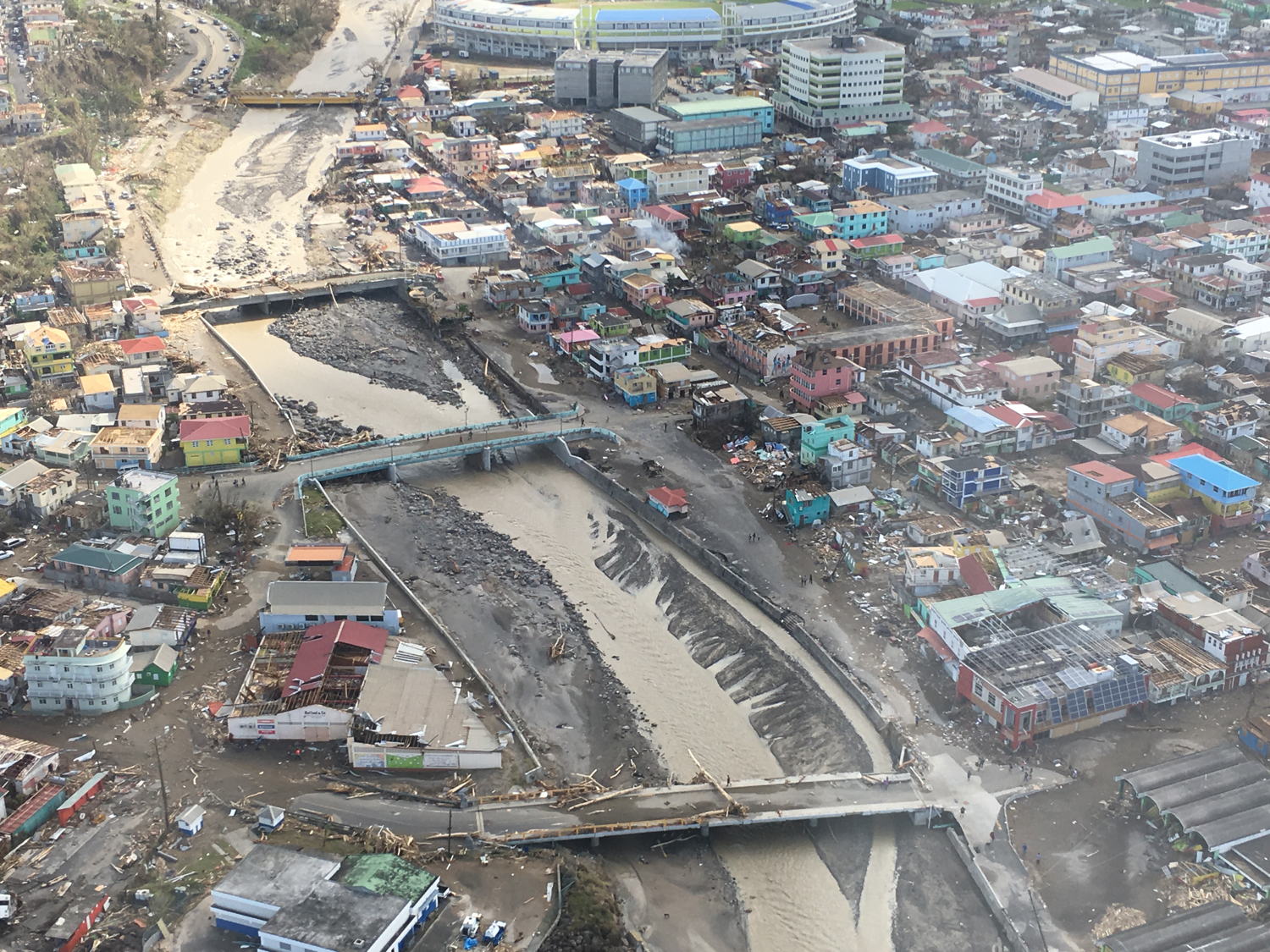 Aerial view of Dominica after the passage of hurricane Irma