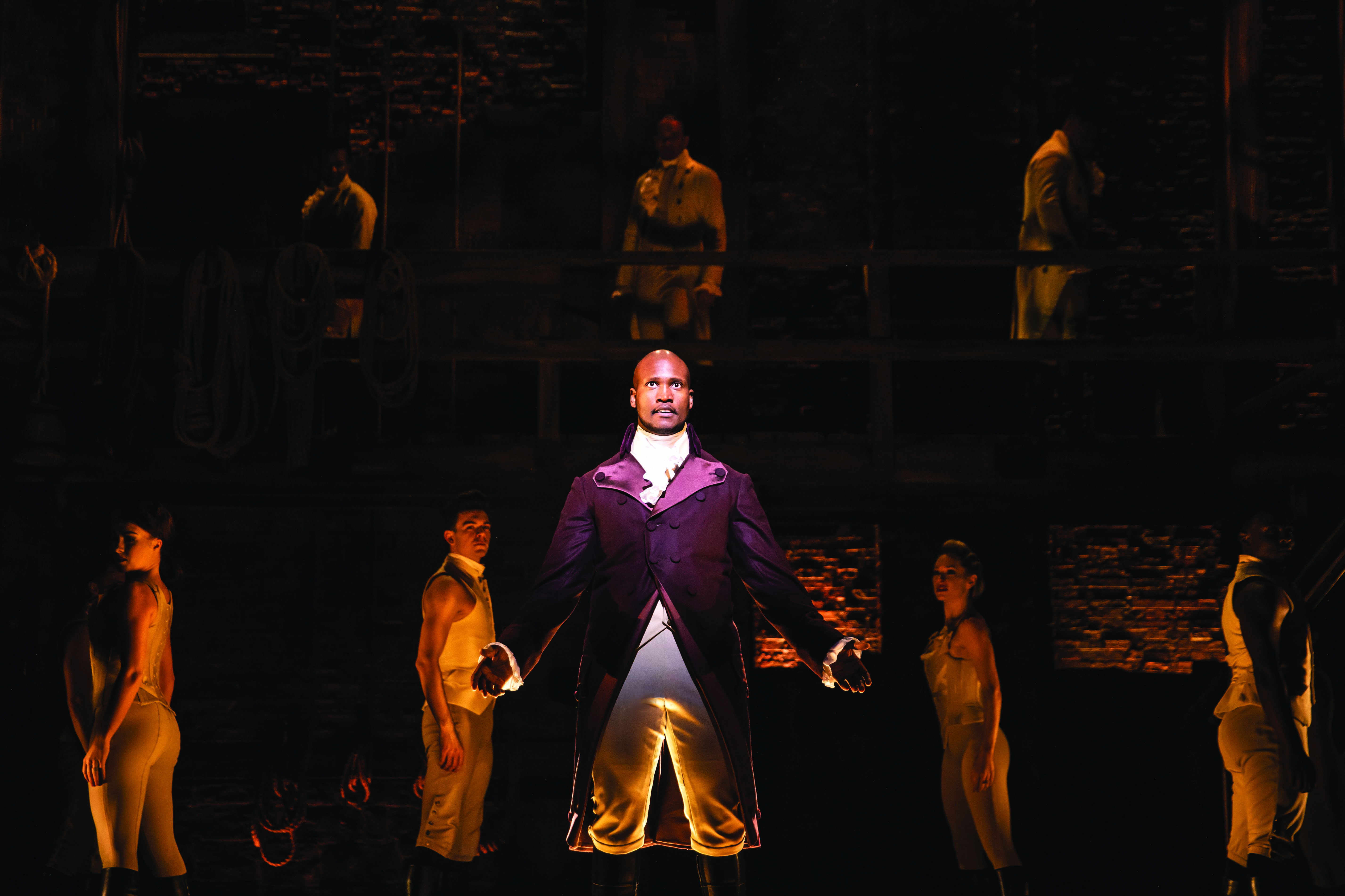 Centre Foreground Sifiso Mazibuko (Aaron Burr) and West End Cast of Hamilton. Photo Matthew Murphy.