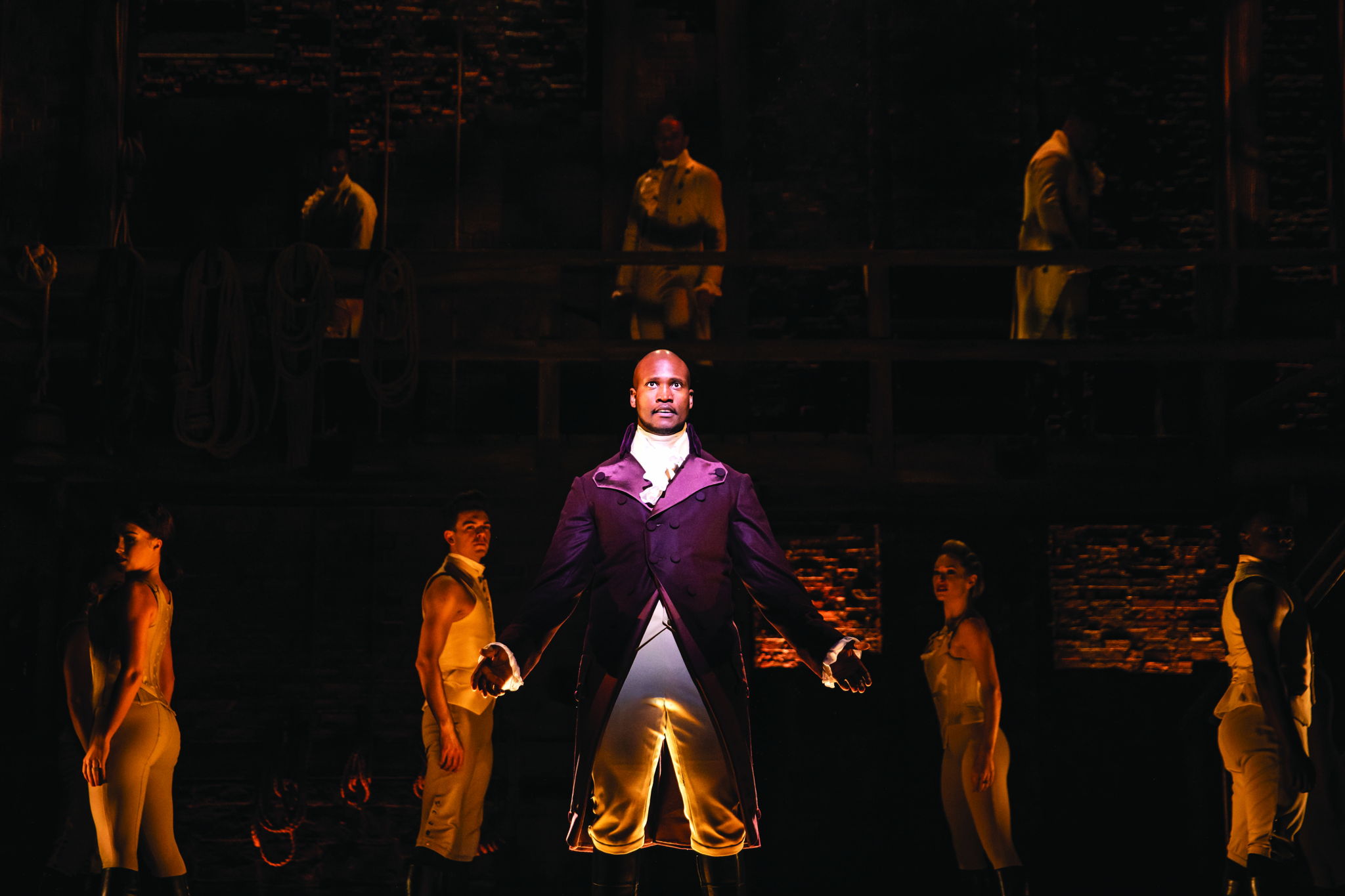 Centre Foreground Sifiso Mazibuko (Aaron Burr) and West End Cast of Hamilton. Photo Matthew Murphy. Centre Foreground Sifiso Mazibuko (Aaron Burr) and West End Cast of Hamilton. Photo Matthew Murphy.