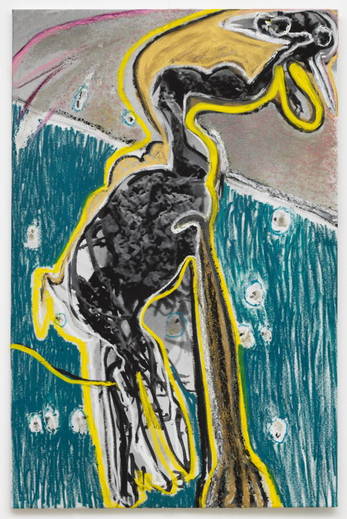 Jacqueline de Jong, La veritable Histoire de BF15, 2017. Digital print, oil stick and nepheline gel on canvas, 90 x 62 cm. Courtesy of the artist and Dürst Britt & Mayhew, The Hague. Photo: Gert-Jan van Rooij