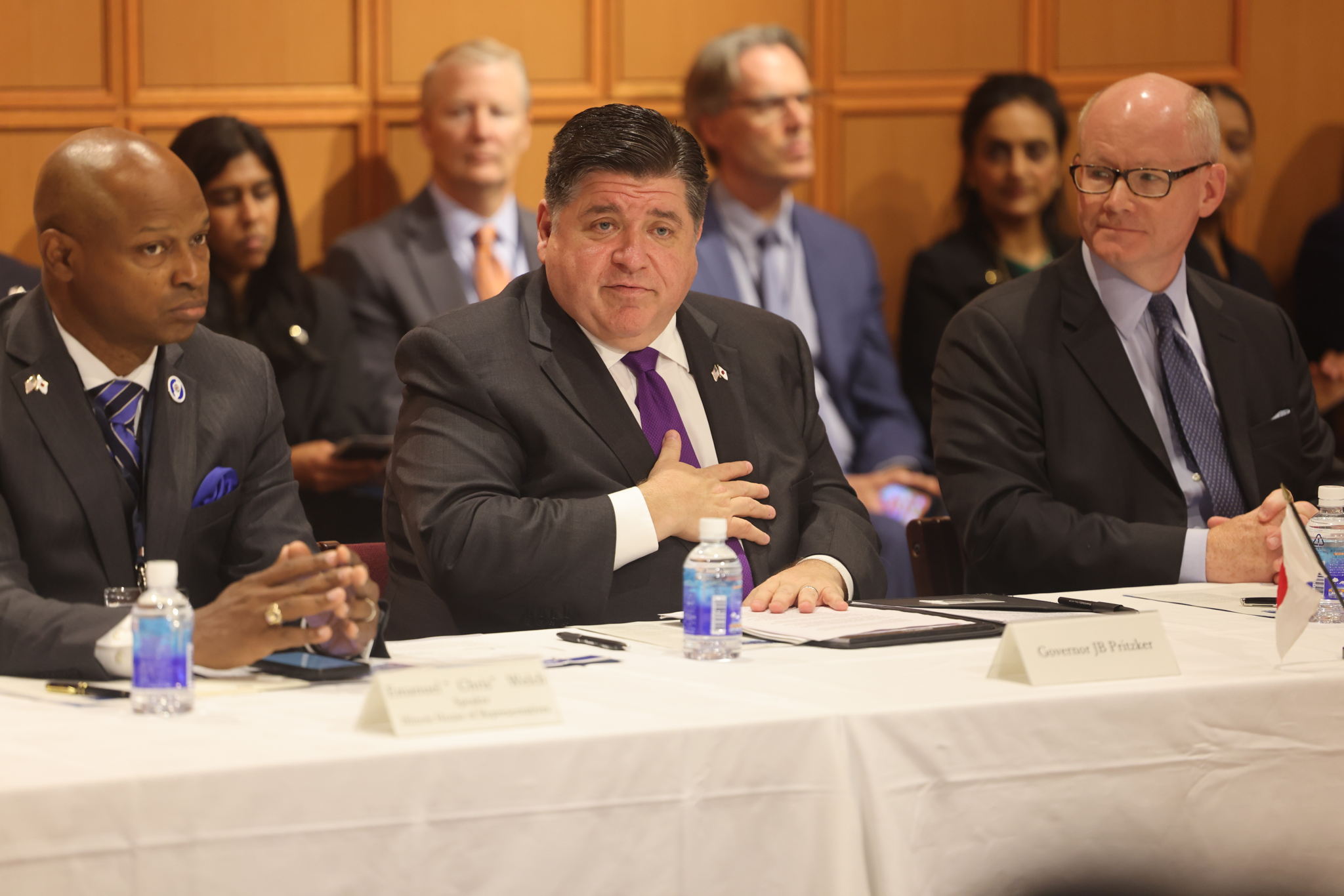 Governor Pritzker, Speaker Welch, and President Harmon at the Quantum Roundtable