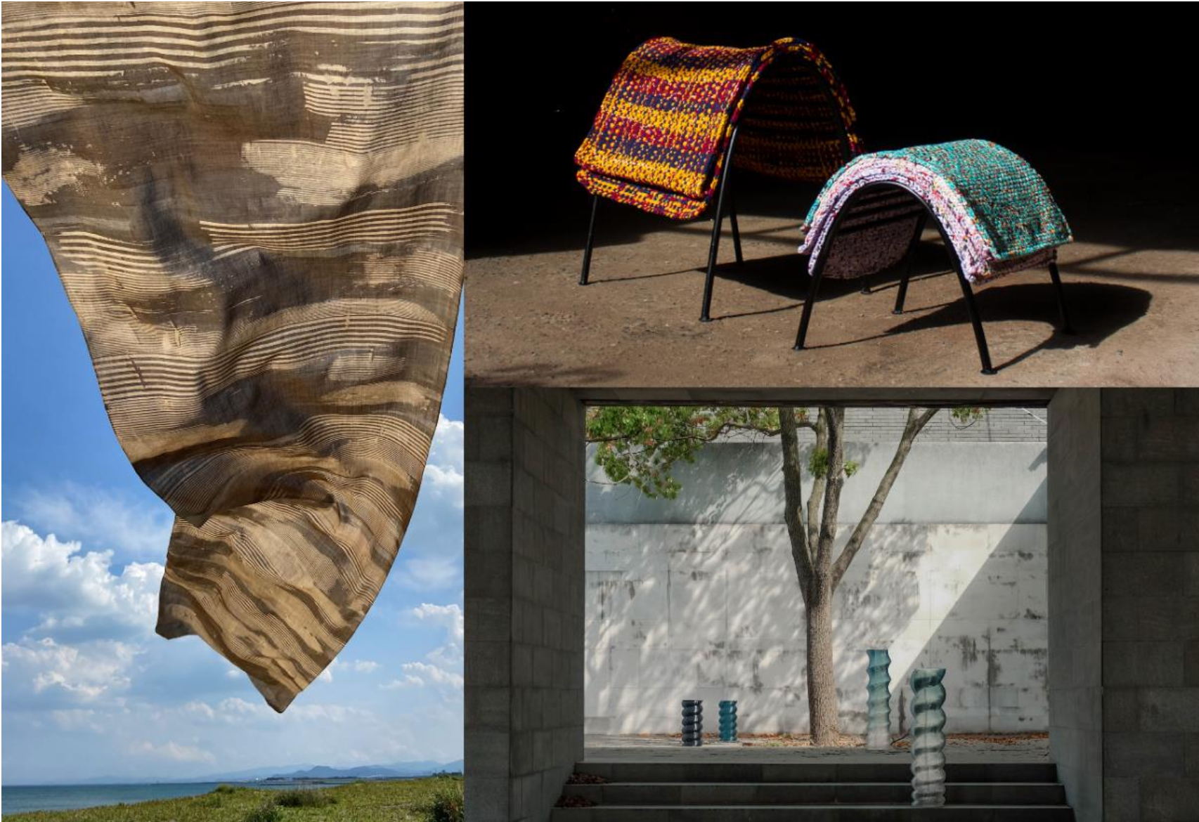 Clockwise from left: Colour of Attitude textile piece dyed with discarded vegetables scraps by Japanese textile designer Shioka Okamoto; bangko + bangkito woven from fabric waste by Clark Mendoza from the Philippines; and Movement01 floor lamp series made from recycled water jugs and car headlights by Chinese sustainable design studio Swirl Up. Photos courtesy of respective designers.