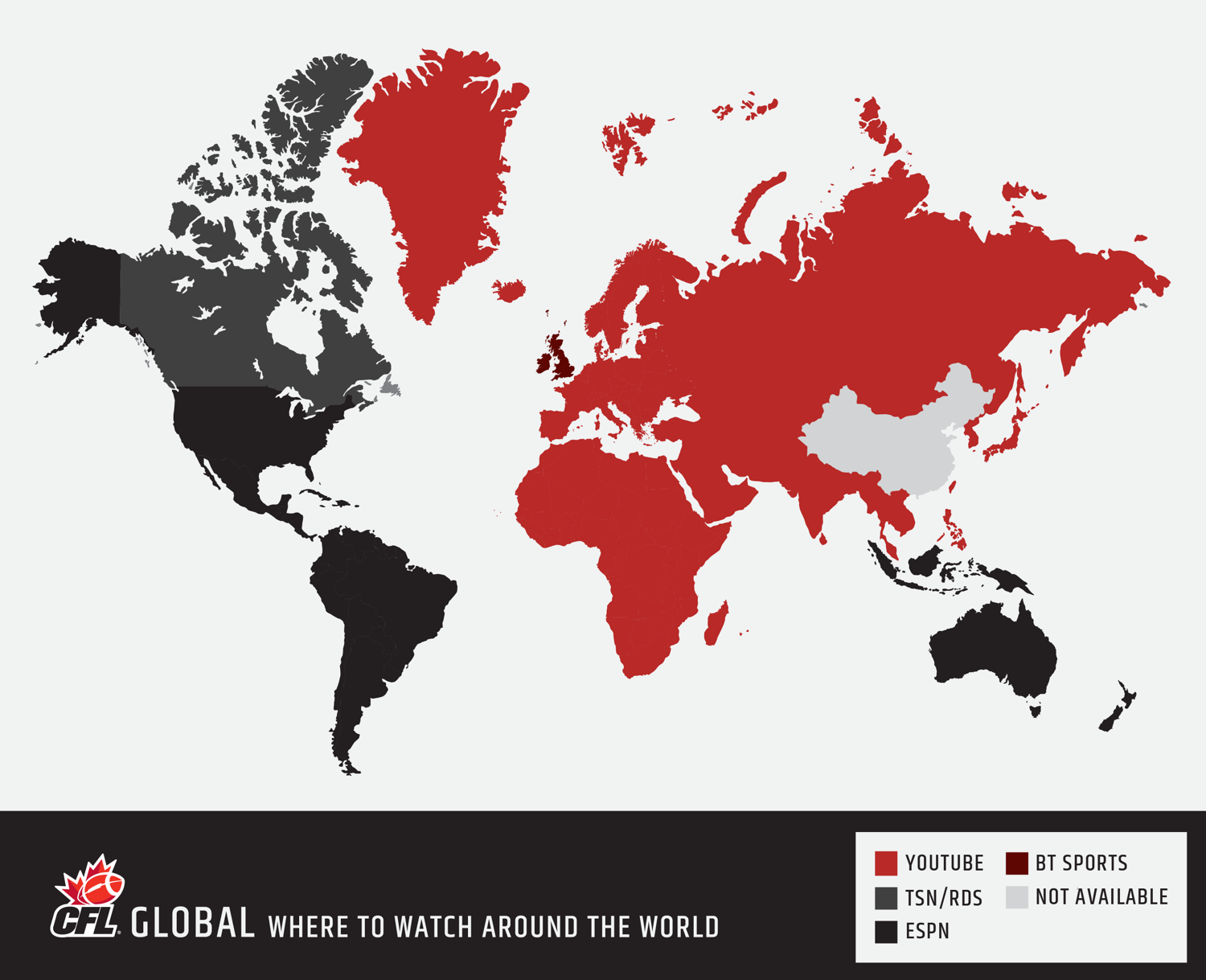 A map of where you can watch the 103rd Grey Cup presented by Shaw around the world
