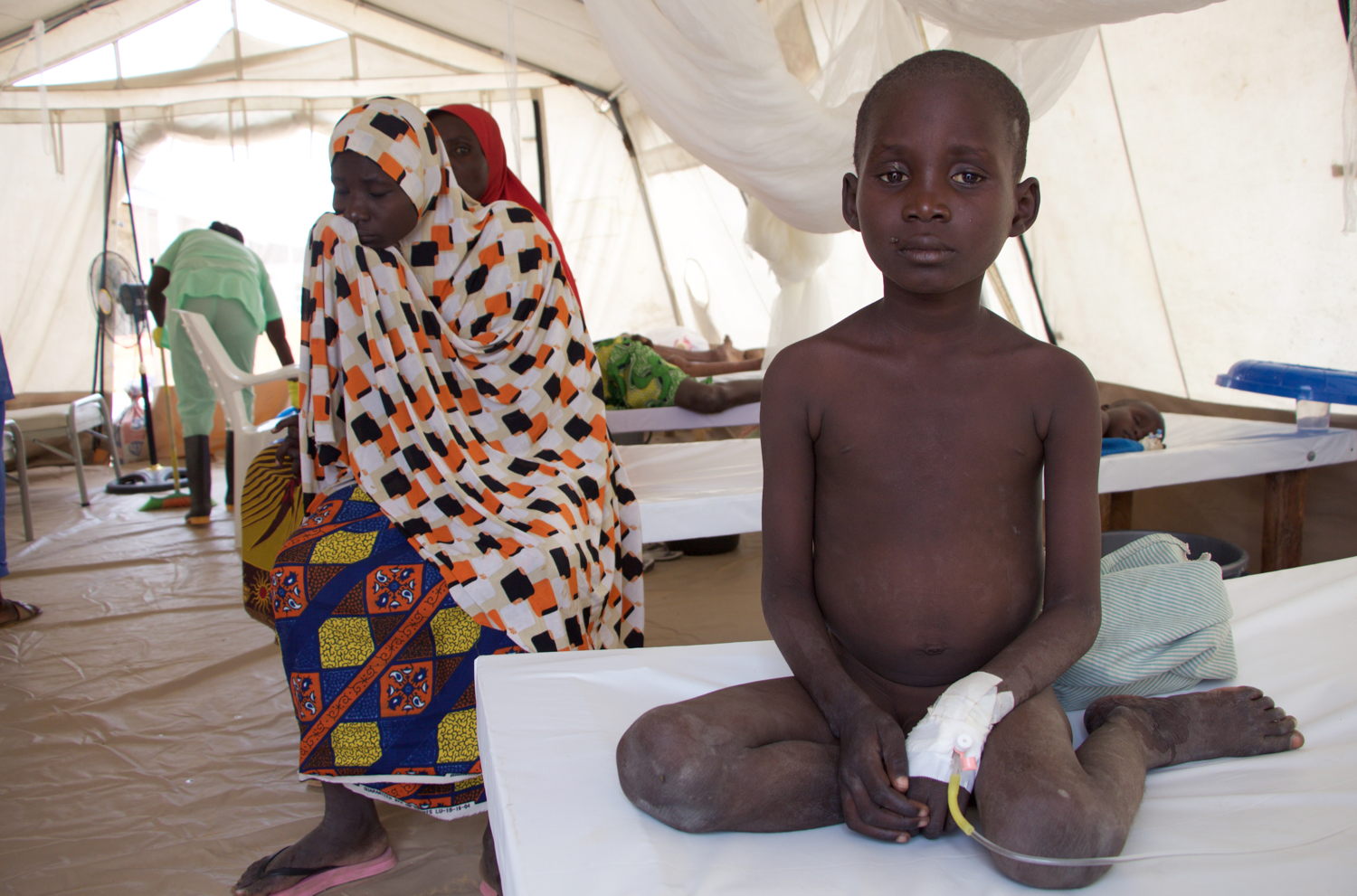 A child from Muna Camp, undergoing treatment, at MSF’s Cholera Treatment Unit in Dala, Maiduguri. Children, especially if they are undernourished are at a greater risk of death, if infected by cholera.