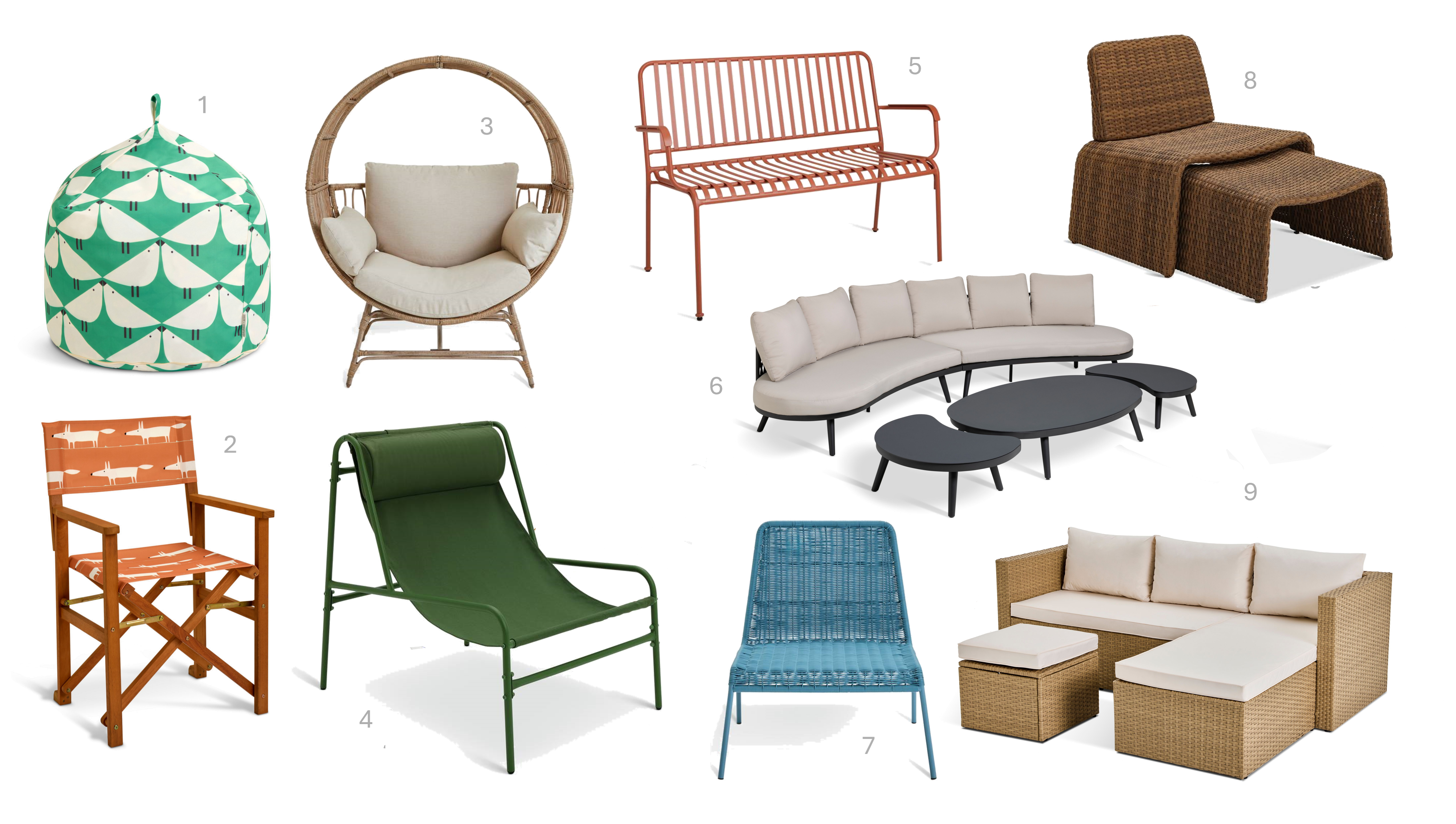 1.Habitat x Scion Indoor Outdoor Beanbag with Handle - Lintu, £45, 2.Habitat x Scion Folding Wooden Garden Director Chair – Mr Fox, £50, 3.Habitat Selene Rattan Effect Garden Egg Chair – Natural, £250,  4.Habitat Teka Metal Garden Chair - Green, £50, 5.Habitat Indu 2 Seater Metal Garden Bench – Red, £130, 6.Habitat Annika 2 Seater Metal Garden Bistro Set – Green, £99, 7.Habitat Sona Rattan Effect Garden Chair – Blue, £65, 8.Habitat Santorini 5 Piece Sofa Set, £800, 9.Habitat Kelham Rattan Effect Garden Chair – Brown, £130, 10. Habitat Mini Corner Rattan Sofa Set Natural, £320
