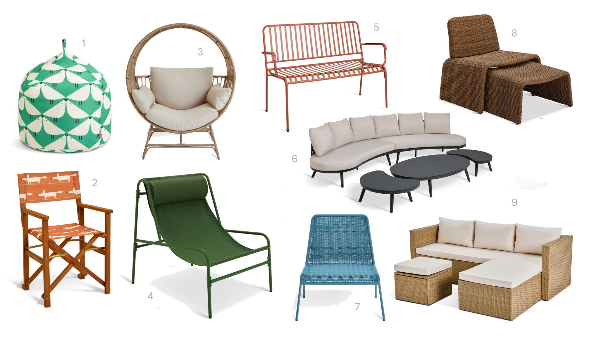 1.Habitat x Scion Indoor Outdoor Beanbag with Handle - Lintu, £45, 2.Habitat x Scion Folding Wooden Garden Director Chair – Mr Fox, £50, 3.Habitat Selene Rattan Effect Garden Egg Chair – Natural, £250, 4.Habitat Teka Metal Garden Chair - Green, £50, 5.Habitat Indu 2 Seater Metal Garden Bench – Red, £130, 6.Habitat Annika 2 Seater Metal Garden Bistro Set – Green, £99, 7.Habitat Sona Rattan Effect Garden Chair – Blue, £65, 8.Habitat Santorini 5 Piece Sofa Set, £800, 9.Habitat Kelham Rattan Effect Garden Chair – Brown, £130, 10. Habitat Mini Corner Rattan Sofa Set Natural, £320 1.Habitat x Scion Indoor Outdoor Beanbag with Handle - Lintu, £45, 2.Habitat x Scion Folding Wooden Garden Director Chair – Mr Fox, £50, 3.Habitat Selene Rattan Effect Garden Egg Chair – Natural, £250, 4.Habitat Teka Metal Garden Chair - Green, £50, 5.Habitat Indu 2 Seater Metal Garden Bench – Red, £130, 6.Habitat Annika 2 Seater Metal Garden Bistro Set – Green, £99, 7.Habitat Sona Rattan Effect Garden Chair – Blue, £65, 8.Habitat Santorini 5 Piece Sofa Set, £800, 9.Habitat Kelham Rattan Effect Garden Chair – Brown, £130, 10. Habitat Mini Corner Rattan Sofa Set Natural, £320