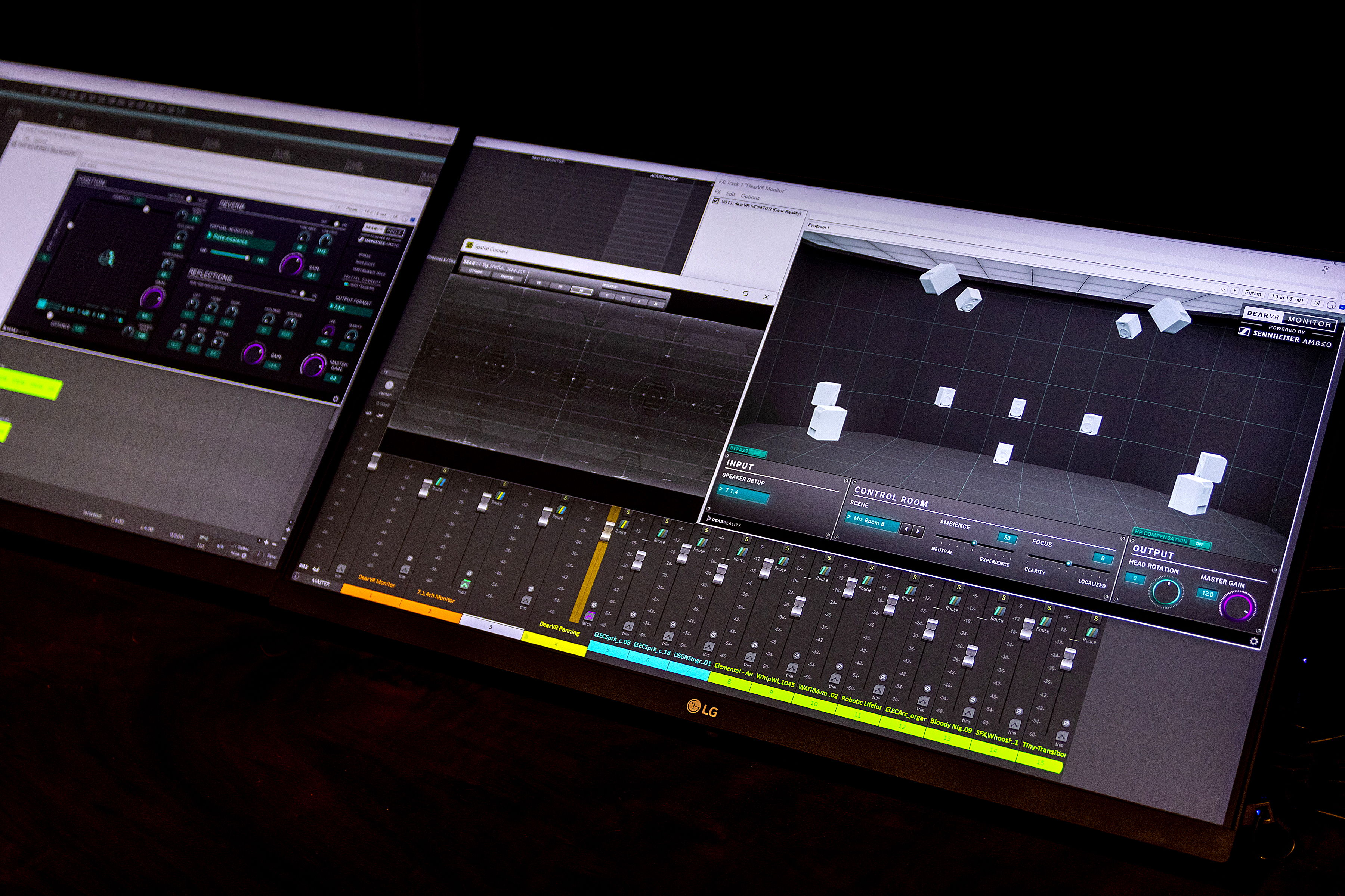 Spatial audio production workflow with dearVR PRO 2 (left), dearVR SPATIAL CONNECT (mid), and dearVR MONITOR (right).