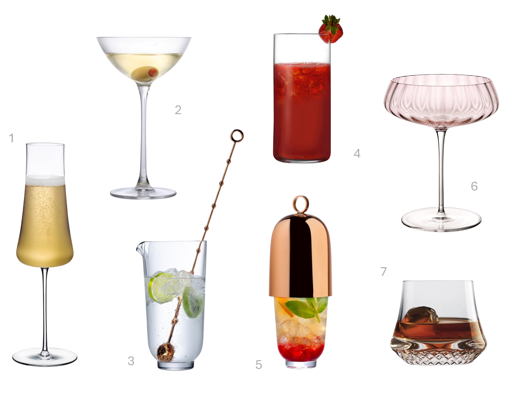 1.Stem Zero Volcano Champagne Glass, €56, 2.Savage Set of 2 Coupetini Glasses, €29, 3.Hepburn Mixing Glass with Metal Stirrer, €63, 4.Finesse Set of 4 High Ball Glasses, €33, 5.Hepburn Shaker with Metal Top, €81, 6.Round Up Dusty Rose Set of 2 Coupe Glasses, €60, 7.Paris Set of 2 Whiskey glasses SOF, €98