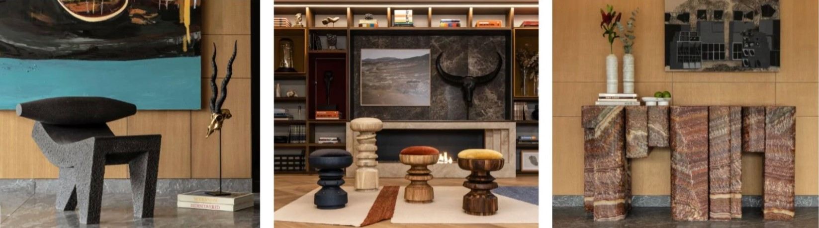 Imagery from left to right: Metatl chair by Pedro Reyes. Image credit: Andayvé; Hand-carved wooden stools by Juan José Nemer and Mauricio Álvarez. Image credit: Andayvé; Modular table by Raúl de la Cerda. Image credit: Andayvé. Imagery from left to right: Metatl chair by Pedro Reyes. Image credit: Andayvé; Hand-carved wooden stools by Juan José Nemer and Mauricio Álvarez. Image credit: Andayvé; Modular table by Raúl de la Cerda. Image credit: Andayvé.