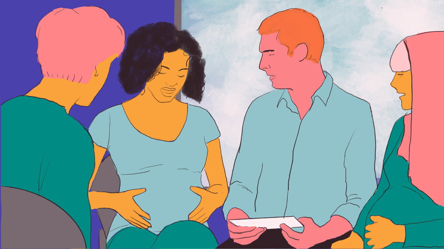 Illustration of pregnant women and their partners, during a prenatal care session. Copyright: Carrie Hawks/MSF