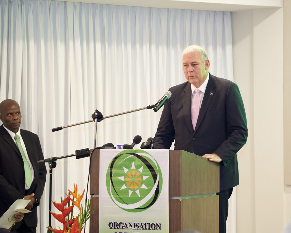 Outgoing Chairman of the OECS Authority, Hon. Allen Chastanet, addresses the gathering at the Opening Ceremony.