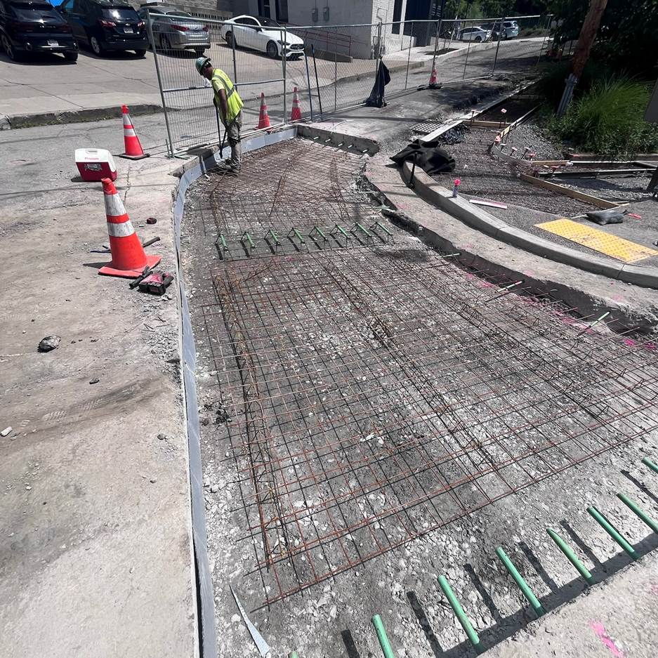Road restoration construction on Wyandotte Street at Fifth Avenue