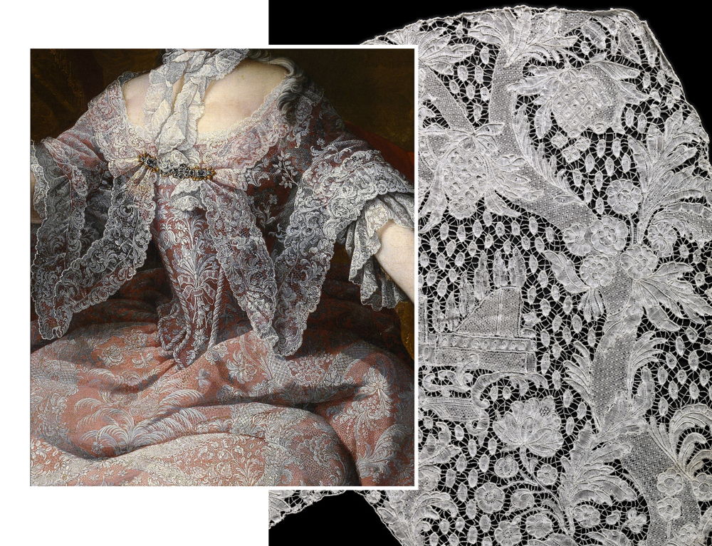 Left: Matthias De Visch, Portrait of Empress Maria Theresa, 1749, Musea Brugge – Groeningemuseum, inv. nr. 0000.GRO0451.I, © Lukasweb – Art in Flanders vzw Right: Sleeve fragment in bobbin lace, Brussels type, bar ground with picots and decorative fillings, Brussels region, Southern Netherlands, 1740–50, The Metropolitan Museum of Art, New York, 1910, inv. 10.102.31, © The Metropolitan Museum of Art