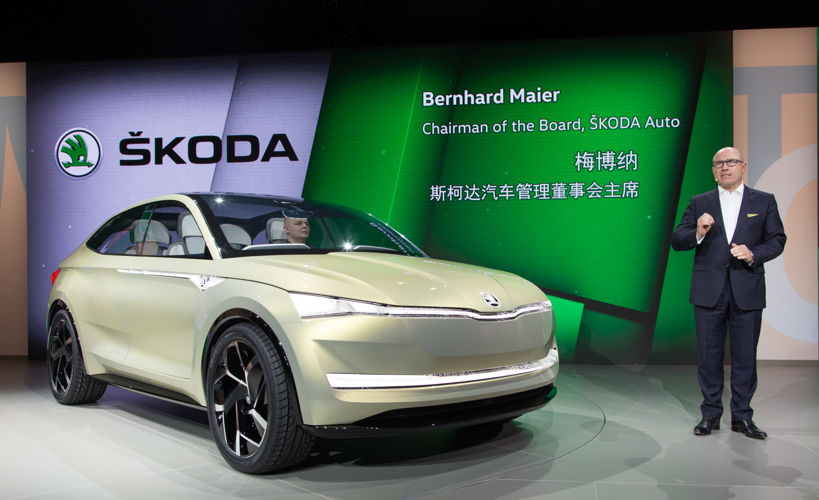 ŠKODA CEO, Bernhard Maier, presents the concept vehicle ŠKODA Vision E at the Volkswagen Group Night in Shanghai.