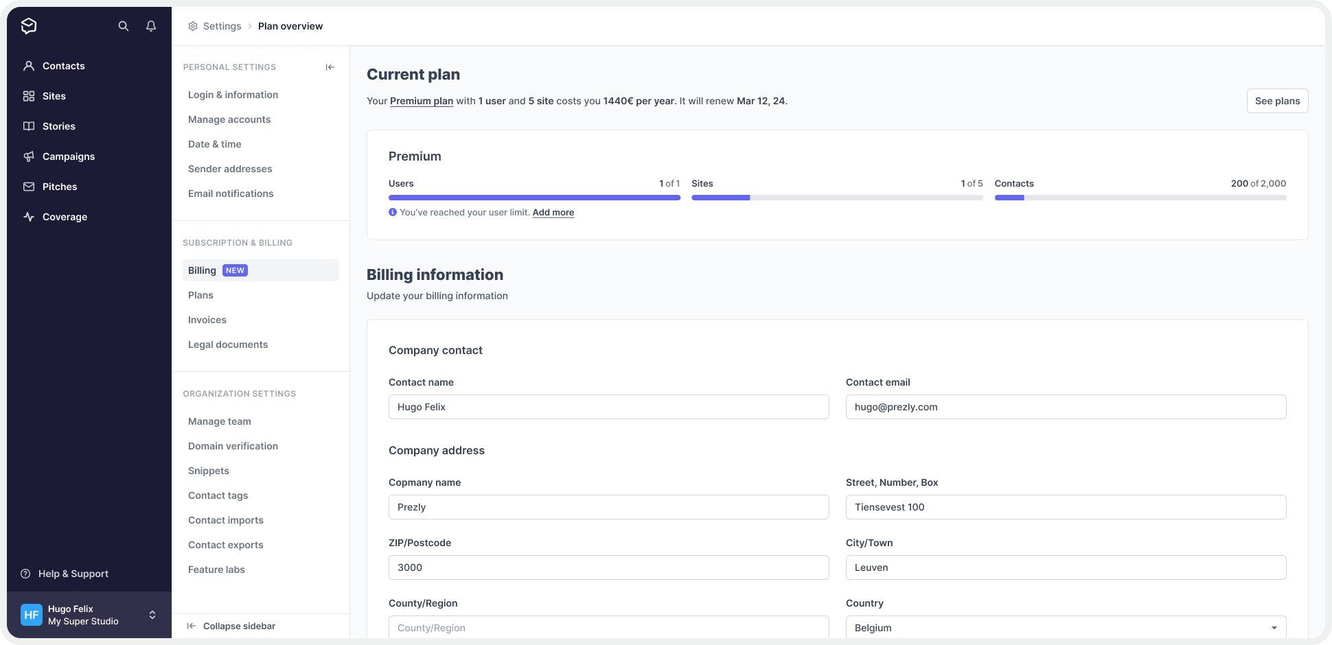 Billing Page (Current Plan) - Larger Screens