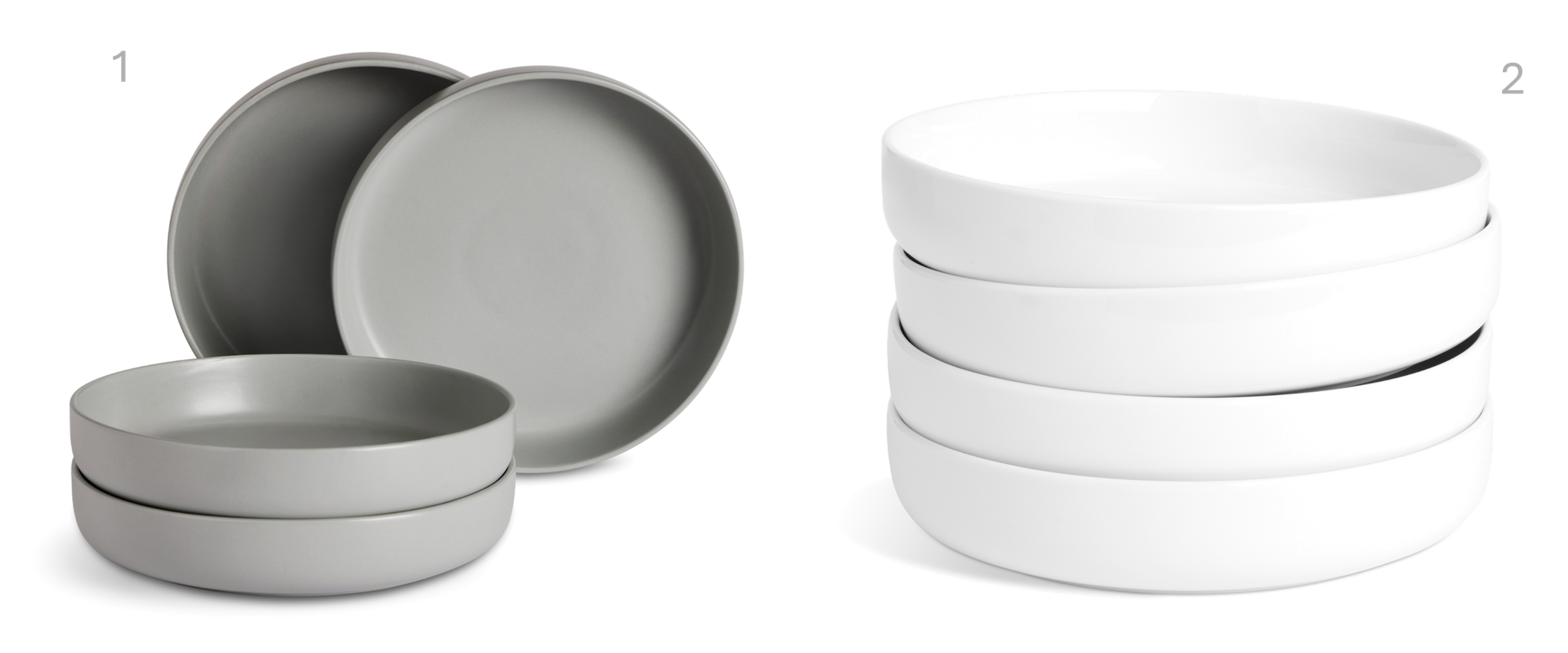 1.Habitat Matte Grey Blate 4pk, £12, 2.Habitat Riko Porcelain Blate 4pk, £17 1.Habitat Matte Grey Blate 4pk, £12, 2.Habitat Riko Porcelain Blate 4pk, £17
