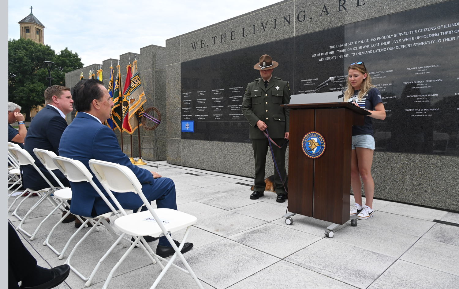 Wife Chelsea Thompsen speaks at ISP Memorial Wall ceremony. 
