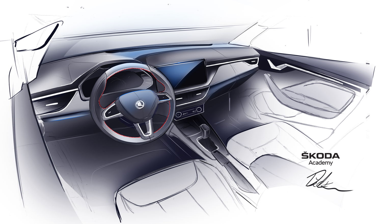 One of the first sketches by the ŠKODA vocational students
offers an insight into the seventh ŠKODA Student Car: an
emotive and dynamic spider version of the ŠKODA SCALA.