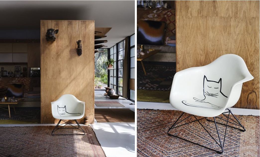 Eames Fiberglass Armchair with Steinberg Cat at the Eames House