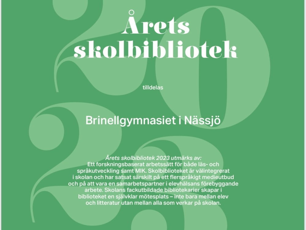 Årets skolbibliotek 2023 tilldelas Brinellgymnasiet, Nässjö