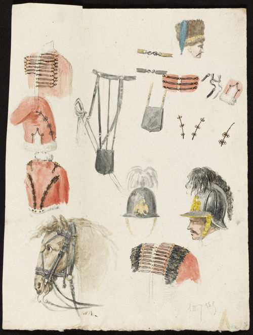 ‘Bataille de Waterloo, croquis par J.B. Rubens’, Jean-Baptiste Rubens. 
Sketches of uniforms. Pencil, pen and watercolours
© Royal Library of Belgium