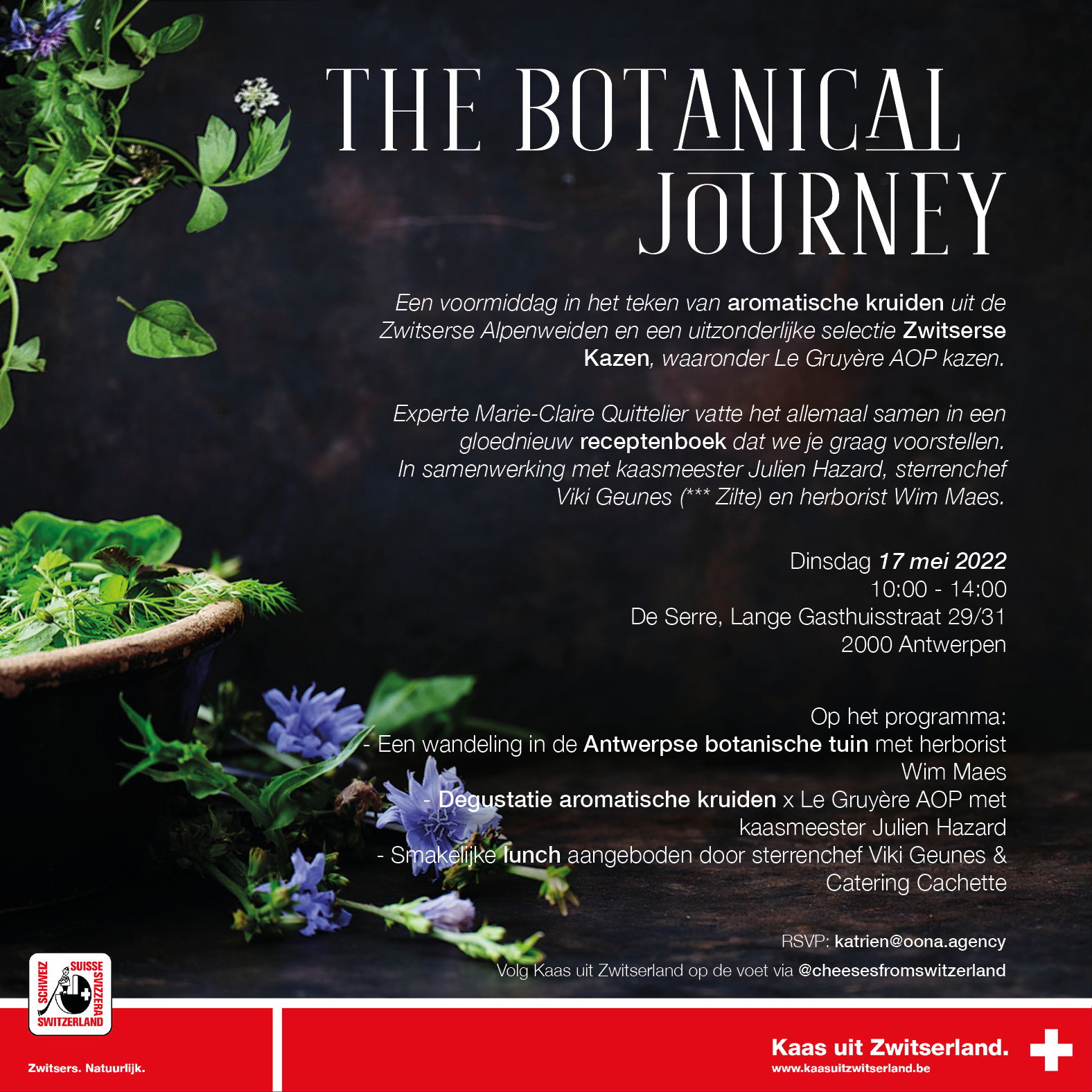 Uitnodiging dinsdag 17/05 - Kaas uit Zwitserland stelt voor: The Botanical Journey