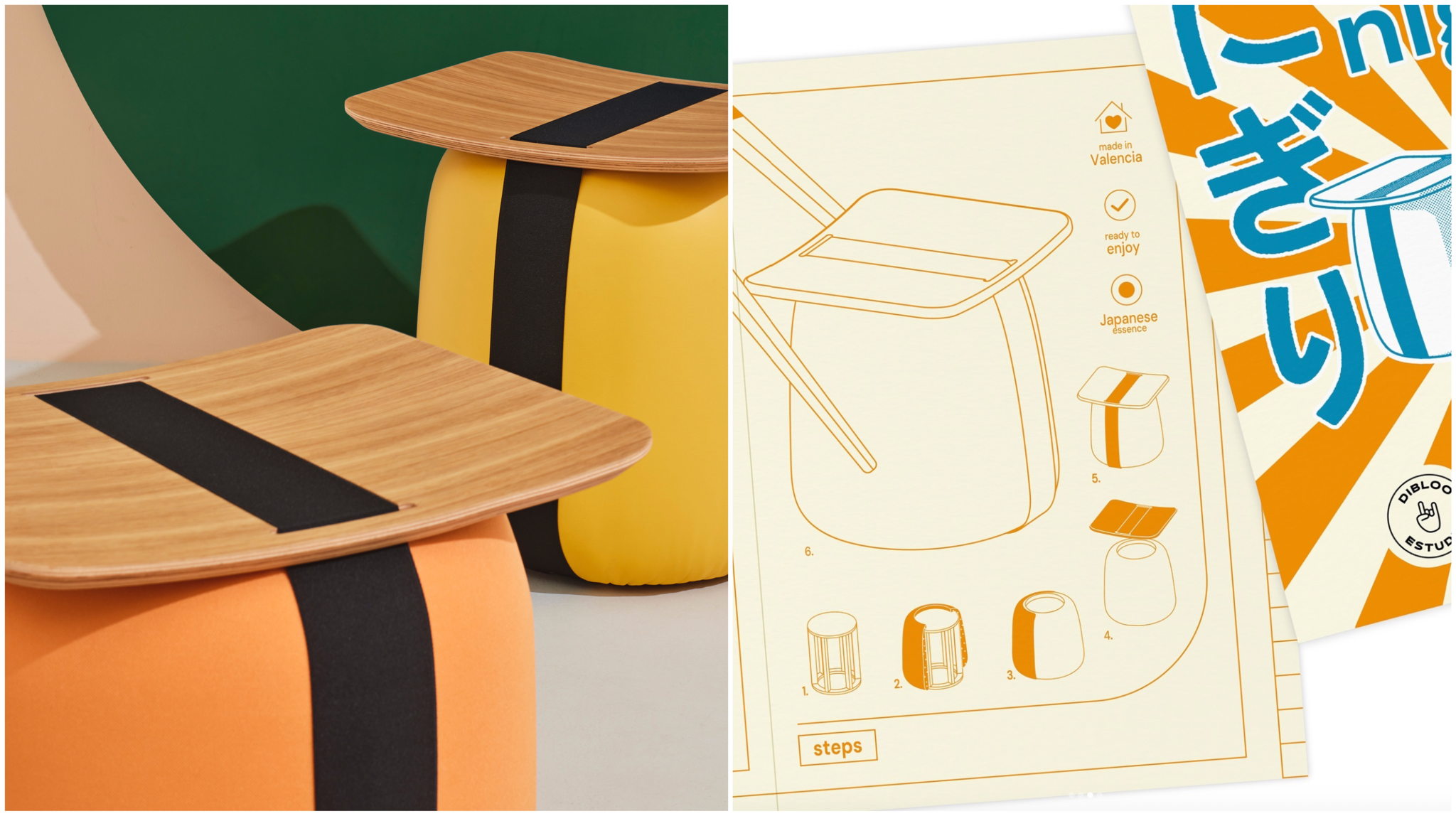 Left photo: Nigiri stools designed by Dibloo for .annud available in Ultrafabrics Ultraleather Right photo: Nigiri branding by Dibloo Studio