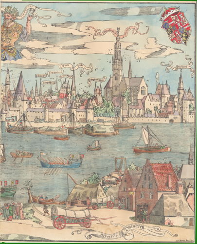 Redezicht met rechts de Sint-Michielsabdij, ‘Monasterium S. Micaeli’
(Anoniem, Redegezicht ‘Antverpia Mercatorum Emporium’, 1515)
© Museum Plantin Moretus/Prentenkabinet Redezicht met rechts de Sint-Michielsabdij, ‘Monasterium S. Micaeli’
(Anoniem, Redegezicht ‘Antverpia Mercatorum Emporium’, 1515)
© Museum Plantin Moretus/Prentenkabinet