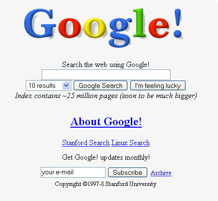 An early Google homepage with a counter of the number of pages we had indexed. This counter was removed in 2005 as part of our seventh birthday celebration when we announced were indexing a record number of pages, but that quality was the most important metric and the counter would be removed.