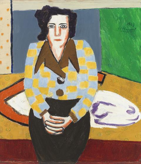 Roger Raveel, Vrouw (1949).  Olieverf op papier op hardboard, 64 x 55,5 cm. Collectie Roger Raveel Museum / Vlaamse Gemeenschap.  