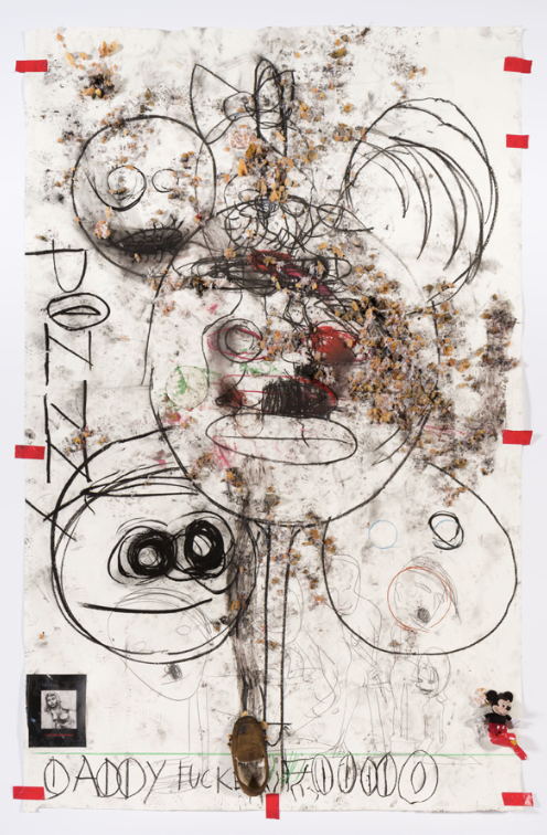 Paul McCarthy, A&E, POZZZY, Santa Anita session, 2021, Pencil, charcoal, oil stick, collage, shoe, plate, tea cup, stuffed animal, foam stuffing and tape on paper 288.3 x 182.9 x 7.6 cm / 113 1/2 x 72 x 3 in © Paul McCarthy. Courtesy the artist and Hauser & Wirth. Photo: Fredrik Nilsen Paul McCarthy, A&E, POZZZY, Santa Anita session, 2021, Pencil, charcoal, oil stick, collage, shoe, plate, tea cup, stuffed animal, foam stuffing and tape on paper 288.3 x 182.9 x 7.6 cm / 113 1/2 x 72 x 3 in © Paul McCarthy. Courtesy the artist and Hauser & Wirth. Photo: Fredrik Nilsen