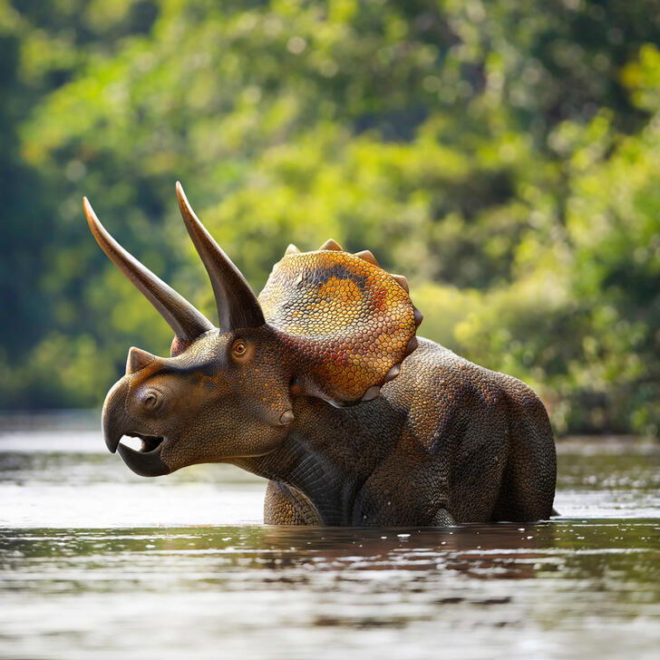 Triceratops dinosaur in lake. AKG10120471 © akg-images / Mohamad Haghani / Stocktrek Images