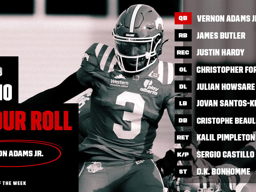 CFL HONOUR ROLL: WEEK 10 – ADAMS EARNS PLAYER OF THE WEEK