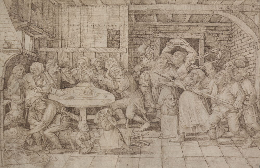 Ook minder bekende – maar daarom niet minder boeiende – kunstenaars krijgen een plaats in het boek. Deze anonieme tekening uit de tijd van Bruegel toont een strijd tussen de vette en de magere keuken.