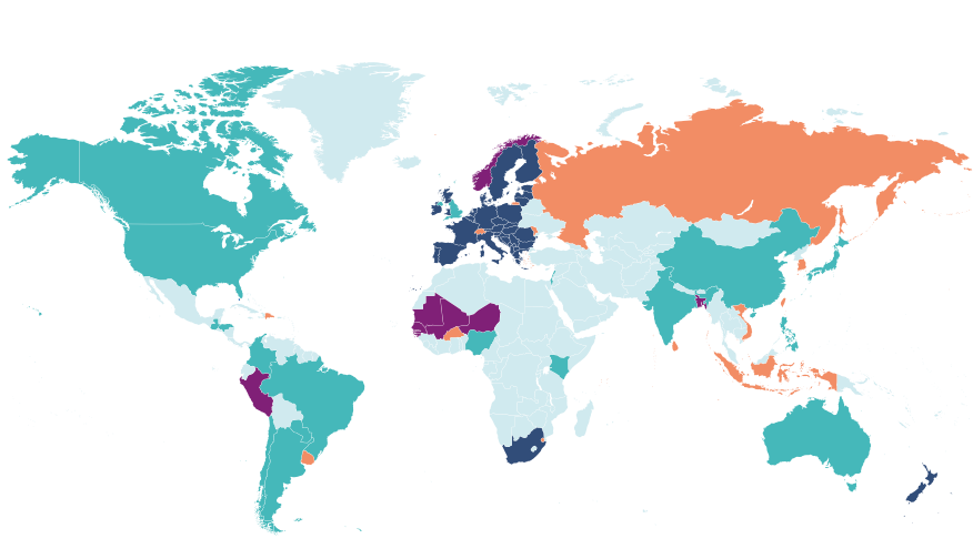 Image from the publication by Sprink et. al. (Genome editing around the globe). Green shows regions where legislation is open towards genome editing, while dark blue show the regions where genome-edited products fall under strict GMO regulation. The orange regions have an open legislation or are preparing a positive statement, purple regions have not decided yet.