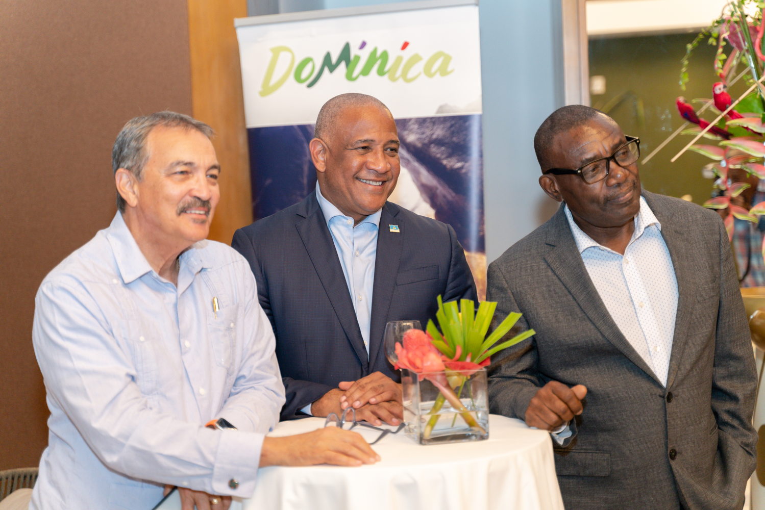 Minister Charles (Antigua and Barbuda) and Minister Hilaire (Saint Lucia) shared a light moment during the Cocktail Reception hosted by the Commonwealth of Dominica.