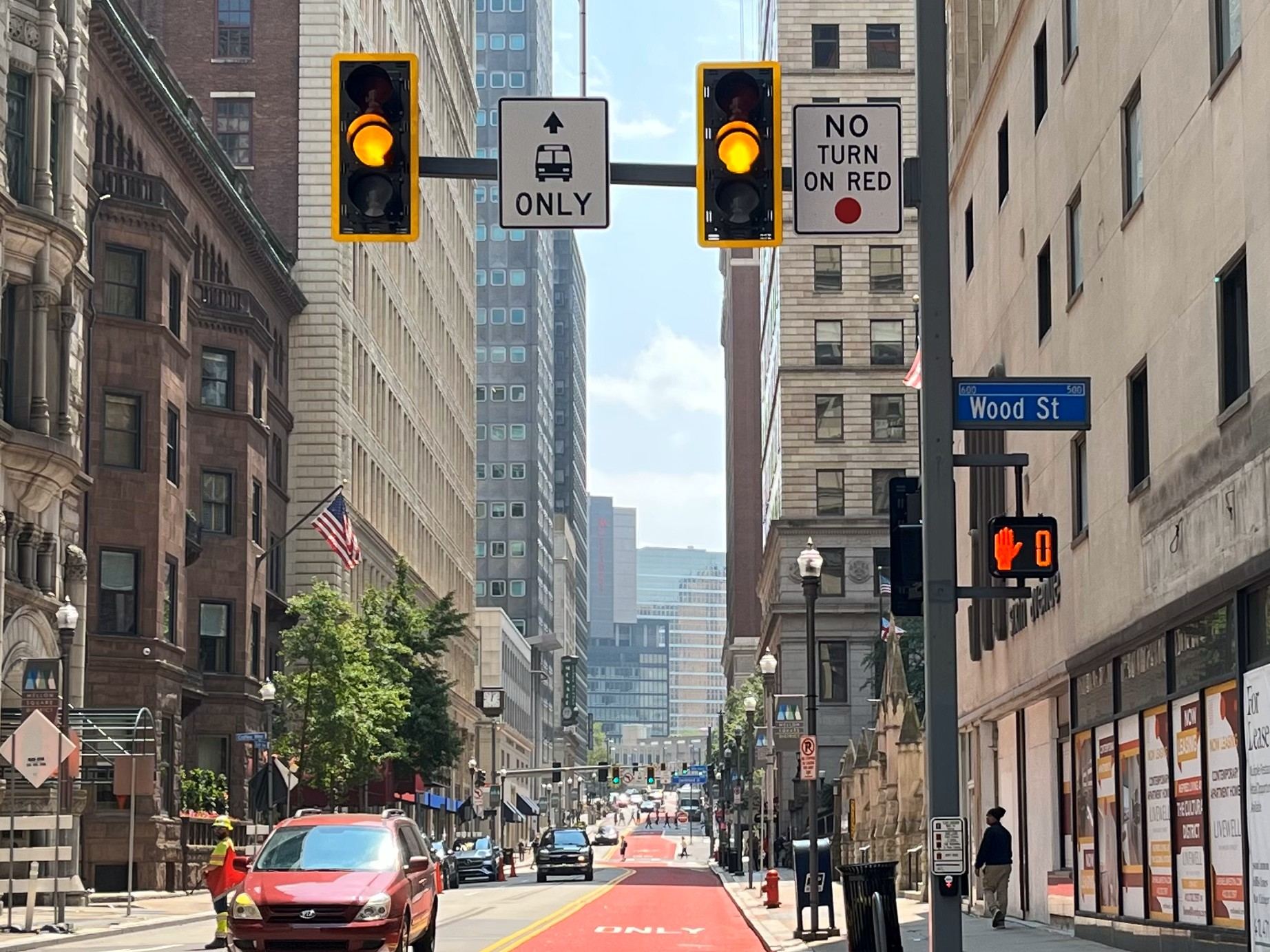 New bus lane recently installed on Sixth Avenue in Downtown Pittsburgh New bus lane recently installed on Sixth Avenue in Downtown Pittsburgh